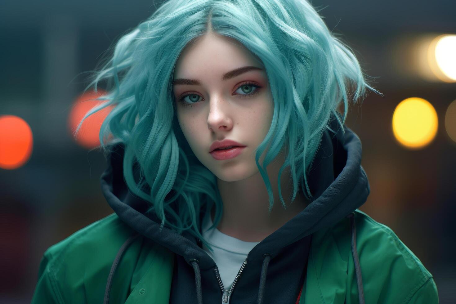 Striking portrait of a woman with vibrant teal hair photo