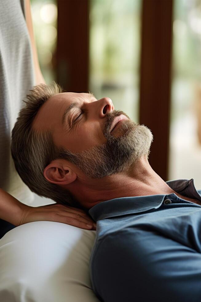 man relaxing and resting on couch photo