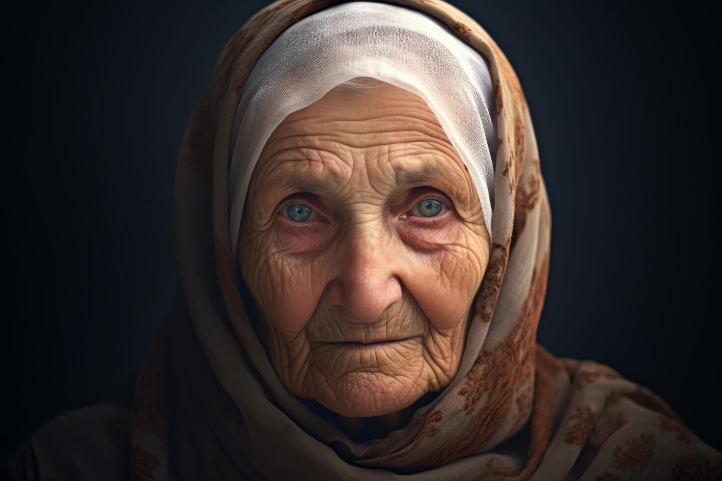 Elderly woman with wrinkled face and piercing eyes photo