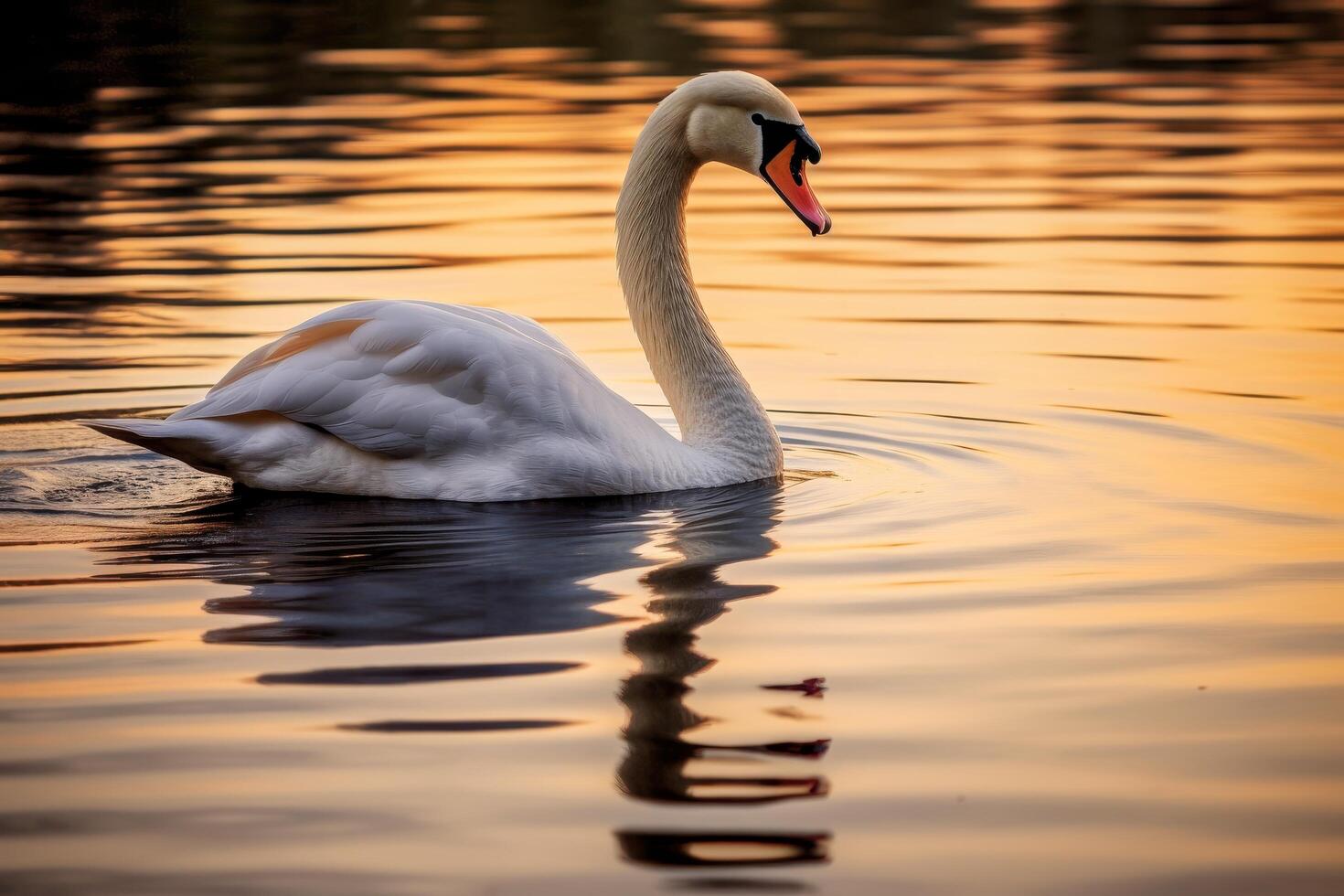Elegant swan swimming in golden sunset reflection photo