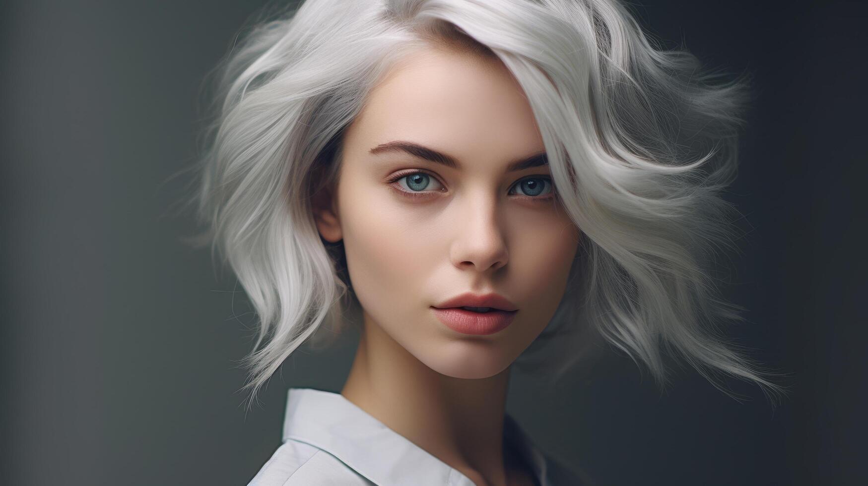 Striking portrait of a woman with platinum blonde hair photo