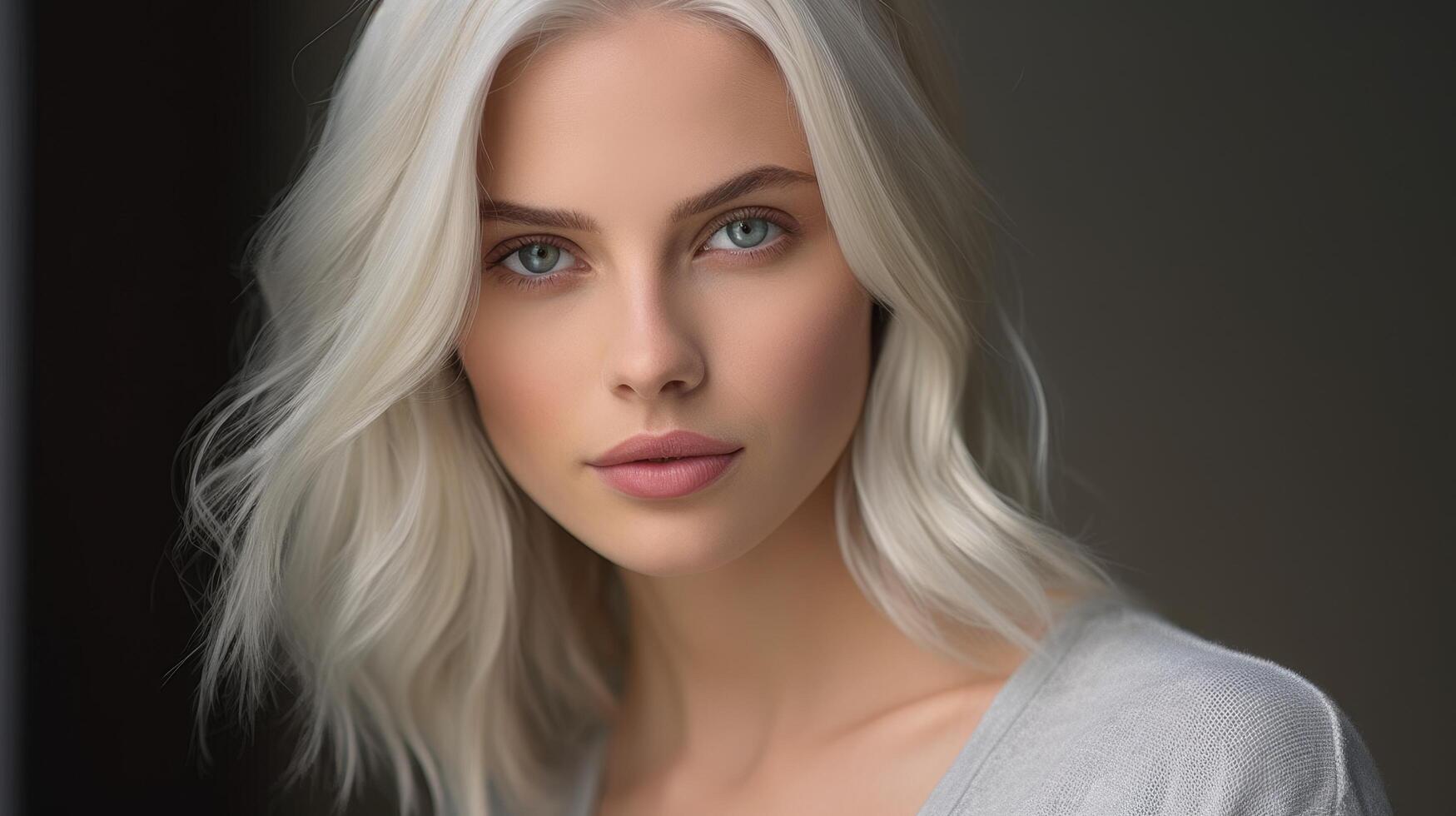 Captivating portrait of a woman with striking blonde hair and piercing blue eyes photo