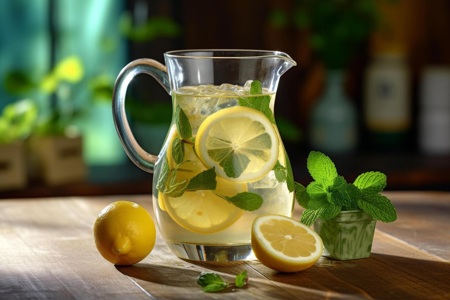 refreshing homemade lemonade with lemon slices and mint photo