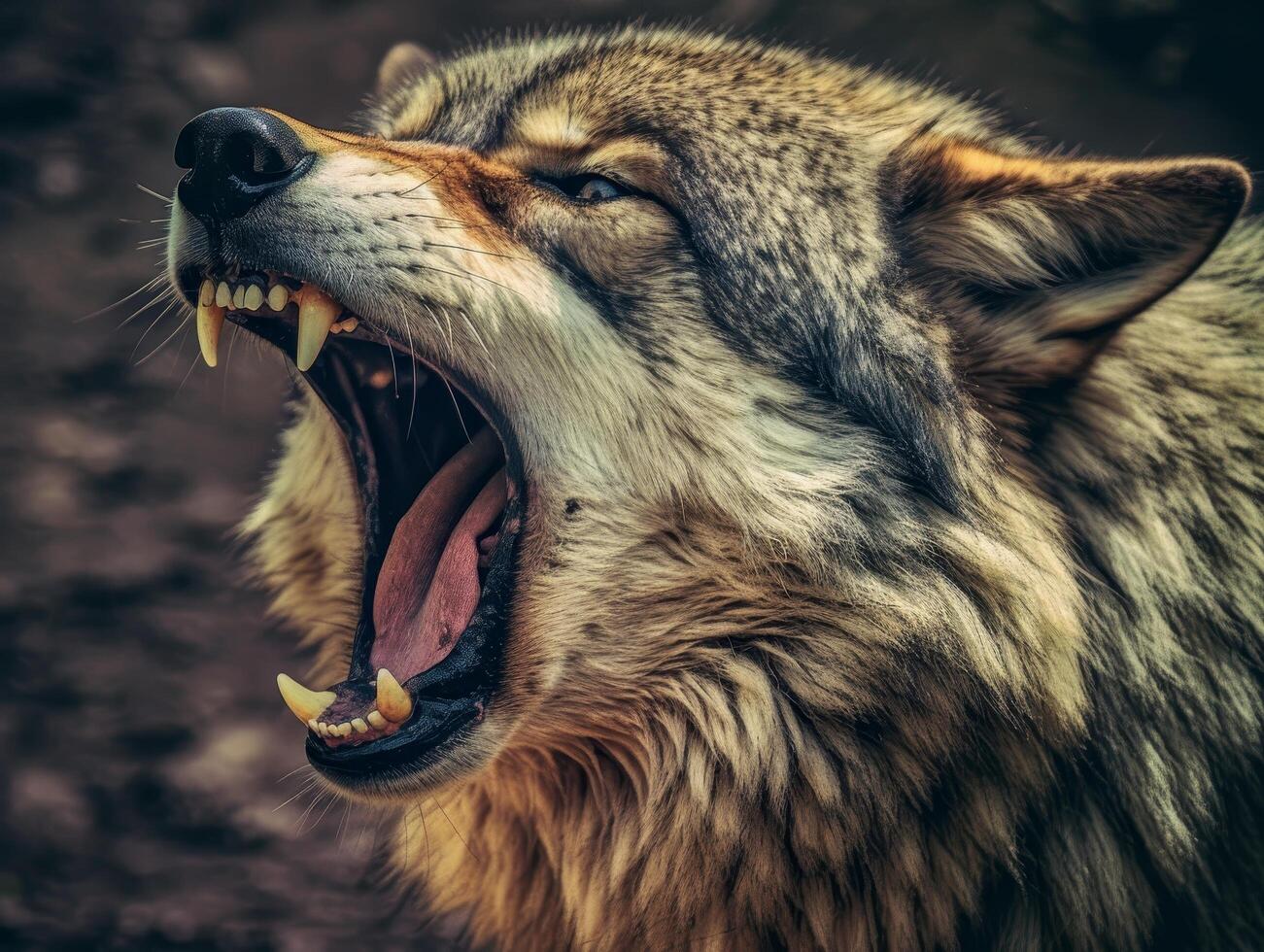 Fierce wolf growling with open mouth showing teeth photo