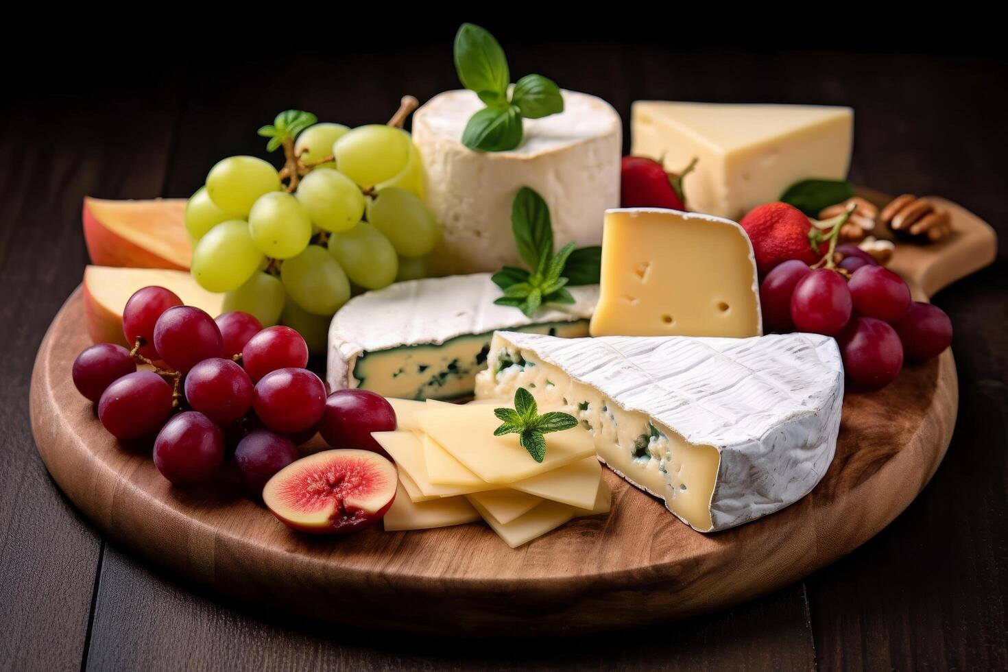 Assortment of cheese, grapes, and other appetizers on a wooden board photo