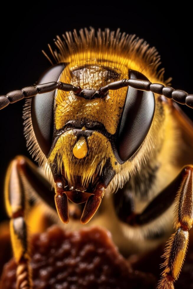 Extreme close up of a vibrant yellow insect with intricate details photo