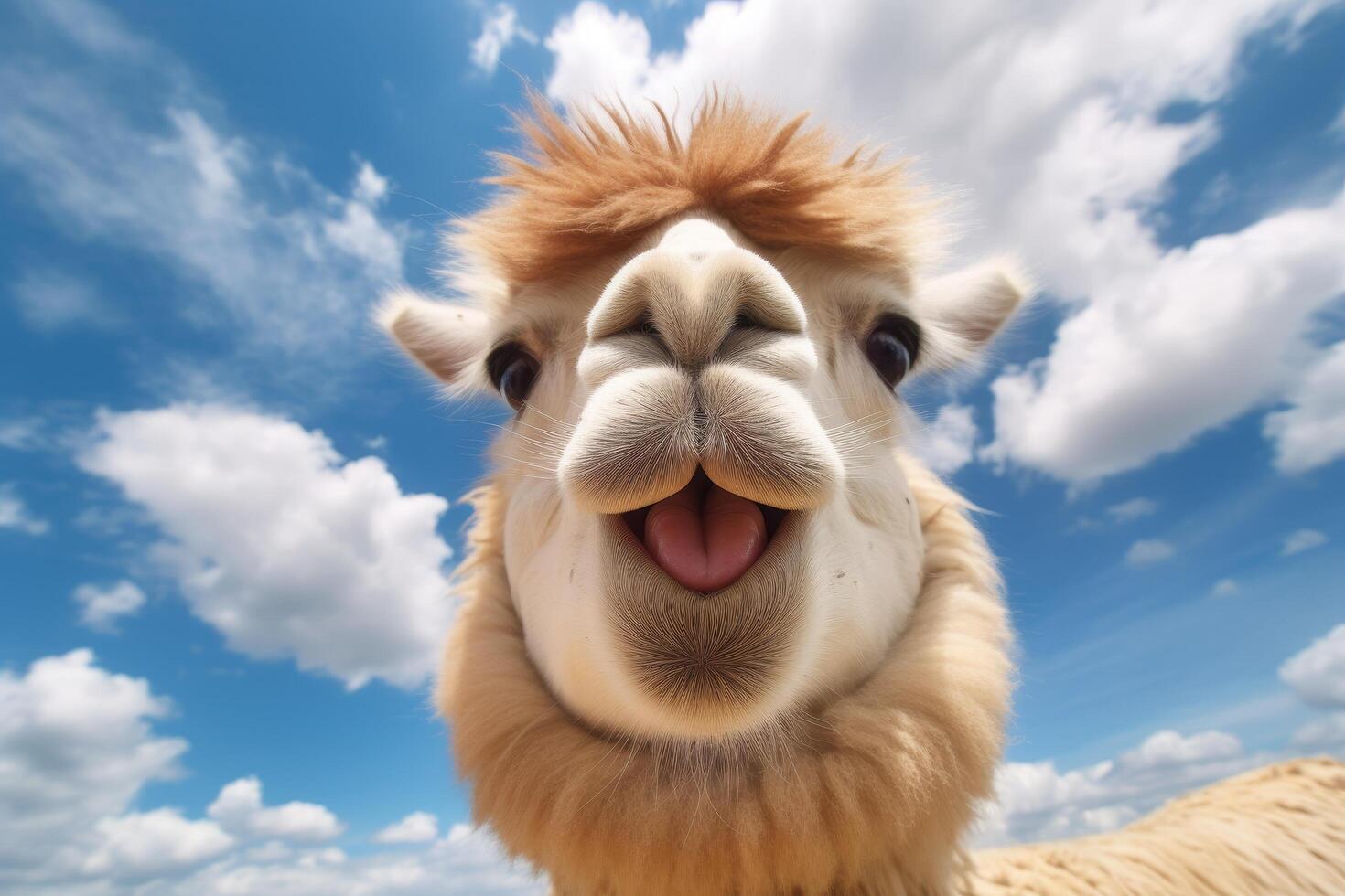 Smiling llama with fluffy fur against blue sky photo
