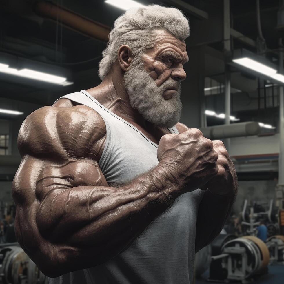 Muscular senior man working out in gym photo