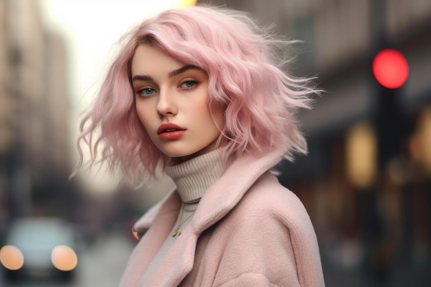 Stylish woman with pink hair posing outdoors photo