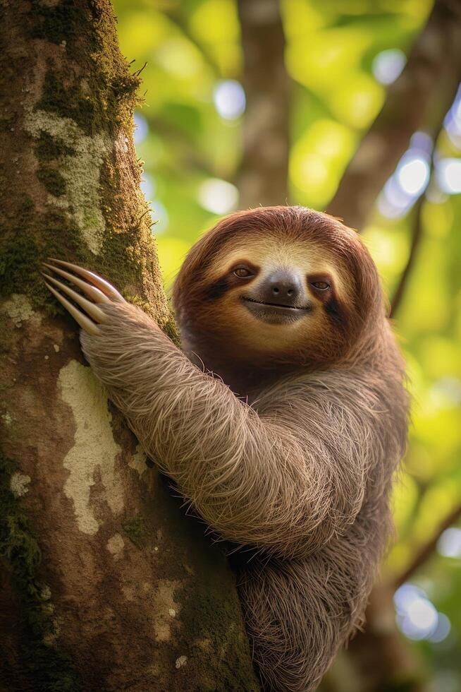 Smiling sloth on a tree trunk photo