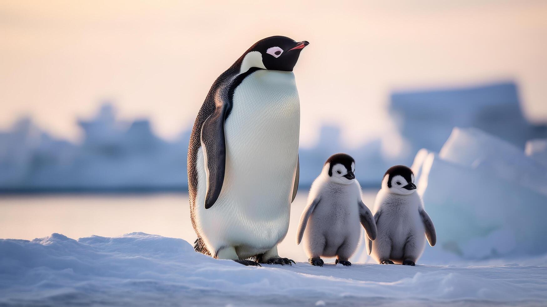 Adorable penguin family in icy landscape photo