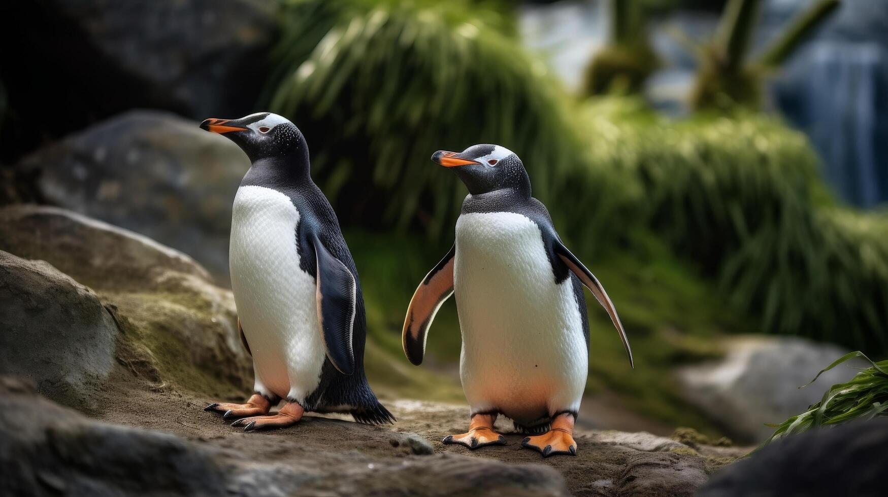 Pair of penguins standing on rocky terrain photo