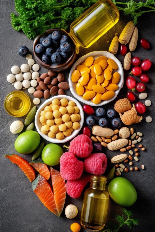 Assortment of healthy superfoods and ingredients photo