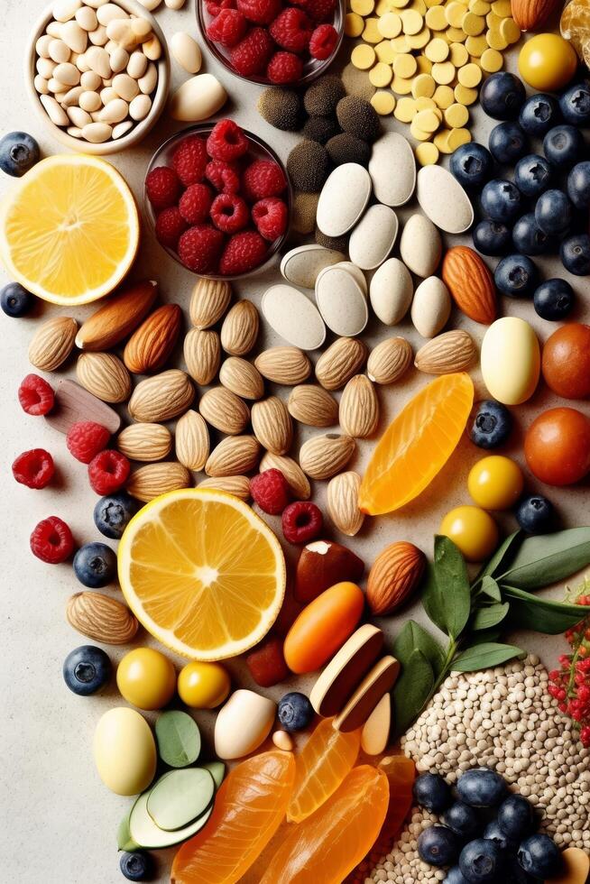 Assortment of healthy fruits, nuts, and superfoods photo