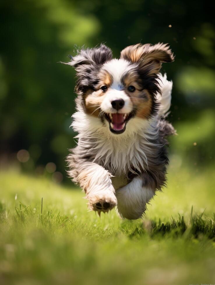 Playful puppy running through the grass photo