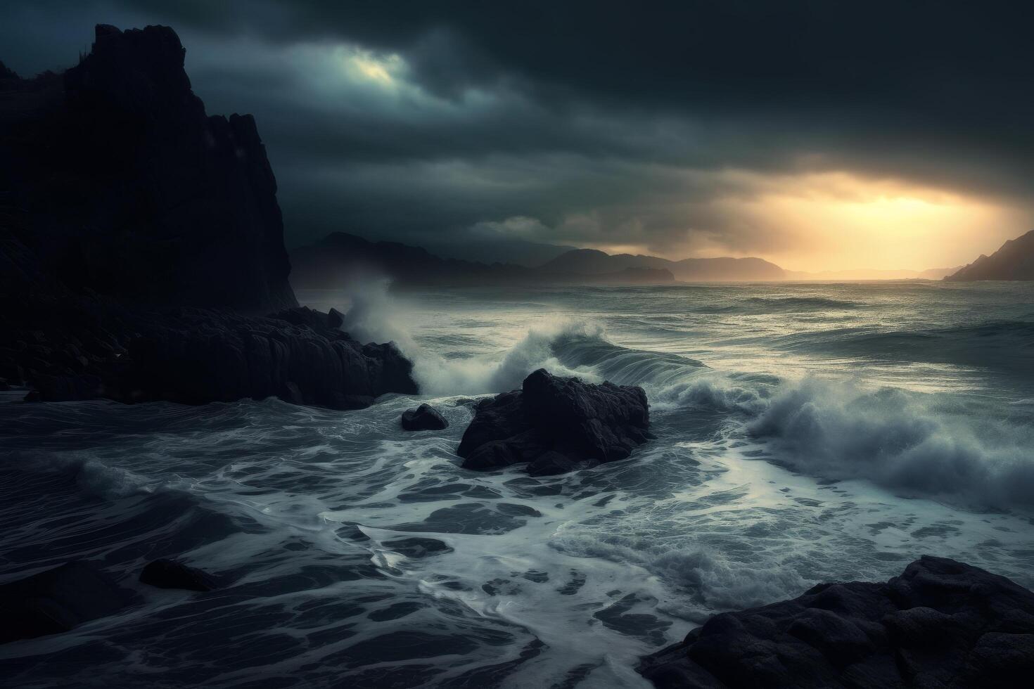 dramatic storm clouds over crashing ocean waves photo