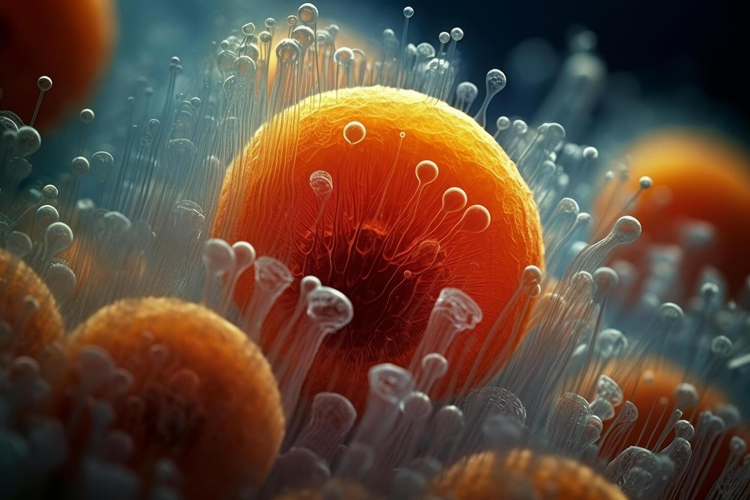 Macro shot of vibrant orange citrus fruit surrounded by abstract glass fibers photo