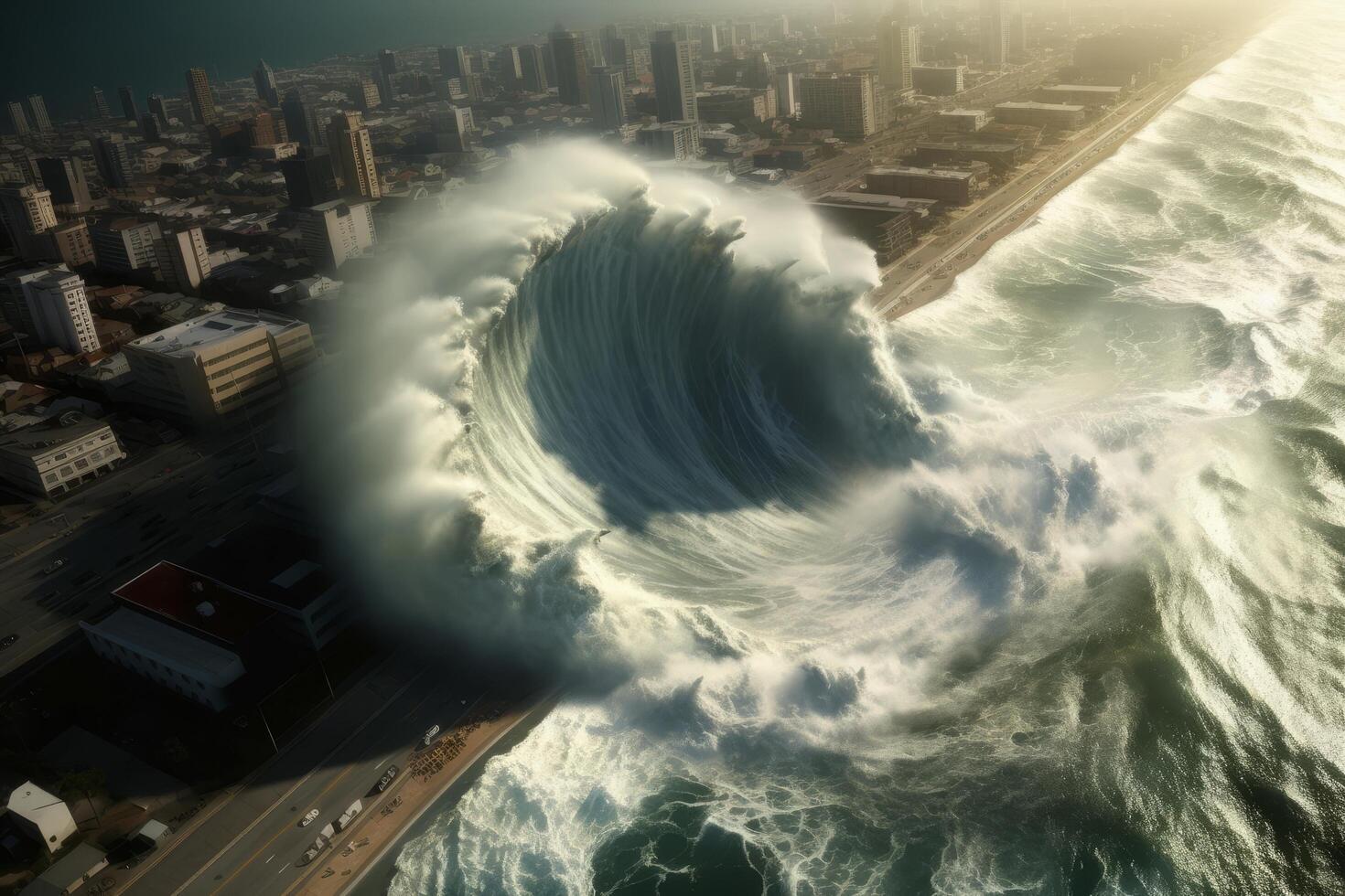 Massive wave crashing over city skyline photo
