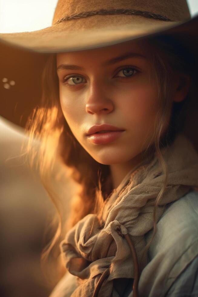 Thoughtful young woman in cowboy hat photo