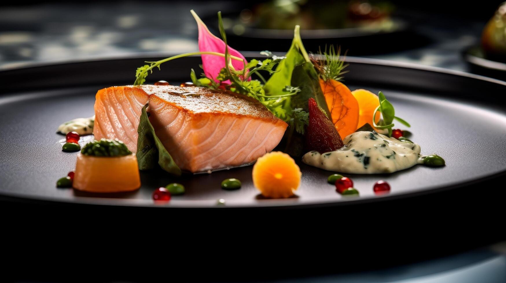 Gourmet salmon dish with colorful vegetables and sauce photo