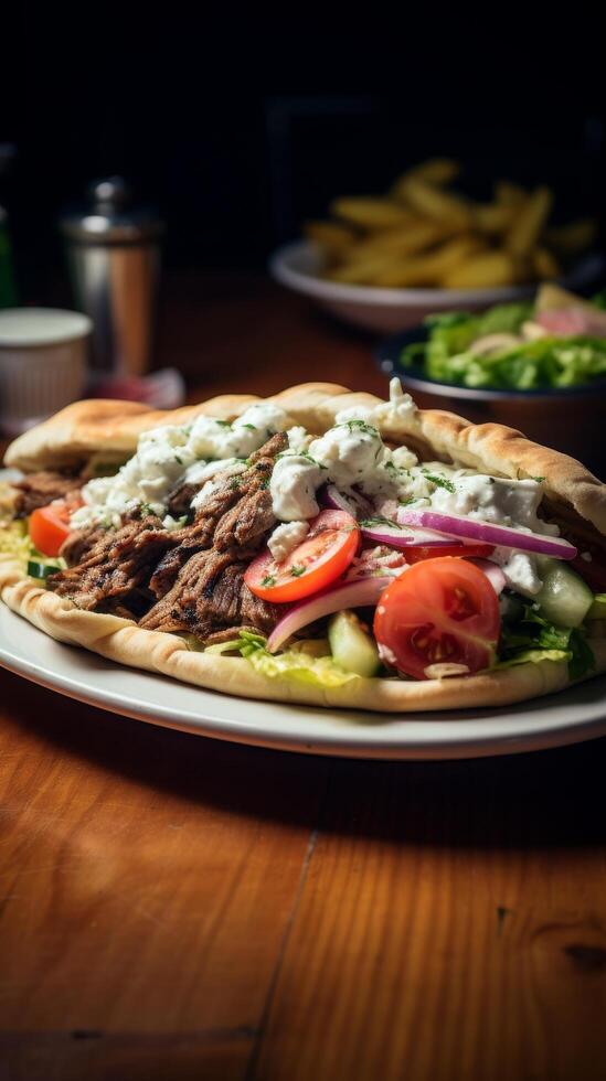 Delicious gyro sandwich with french fries and salad photo