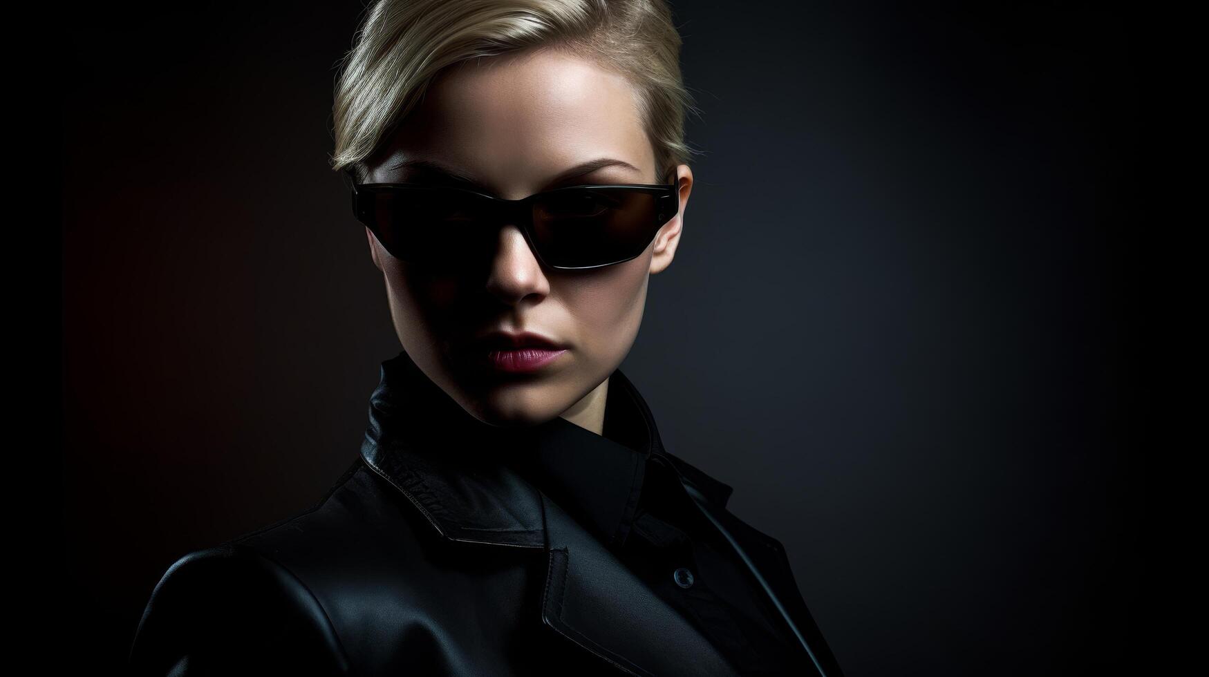 Mysterious woman in dark sunglasses and leather jacket photo