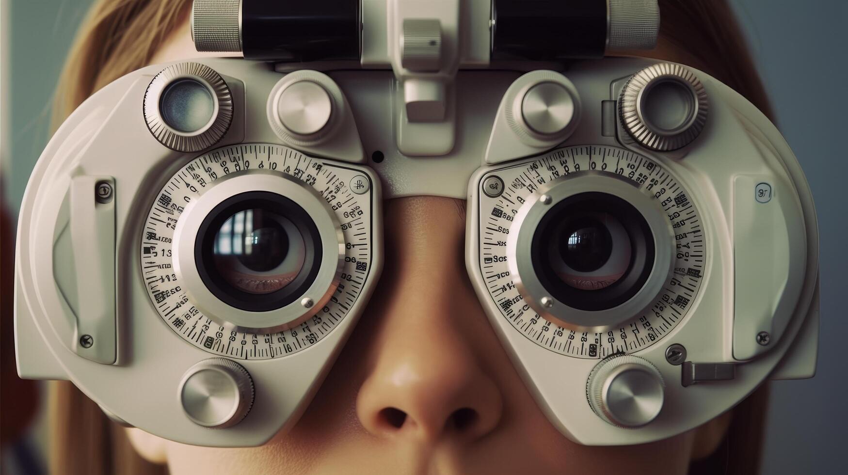 close up of person undergoing eye examination with phoropter photo