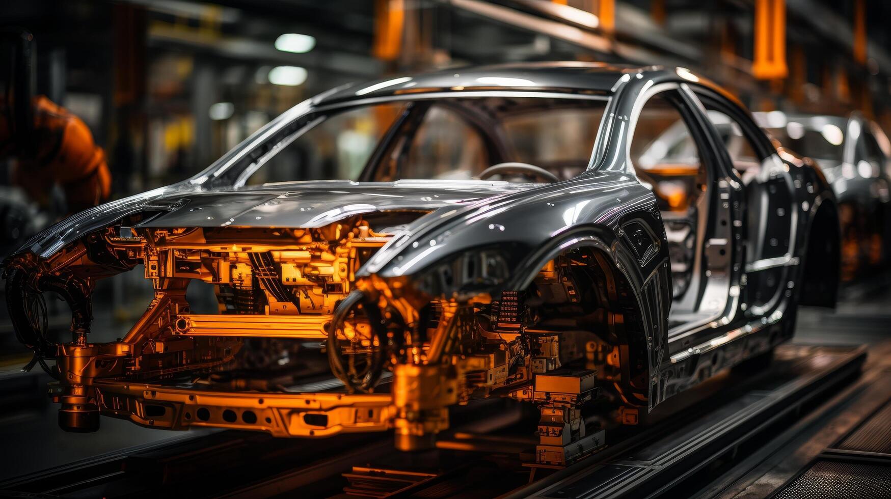 Sleek car frame under construction in a factory photo
