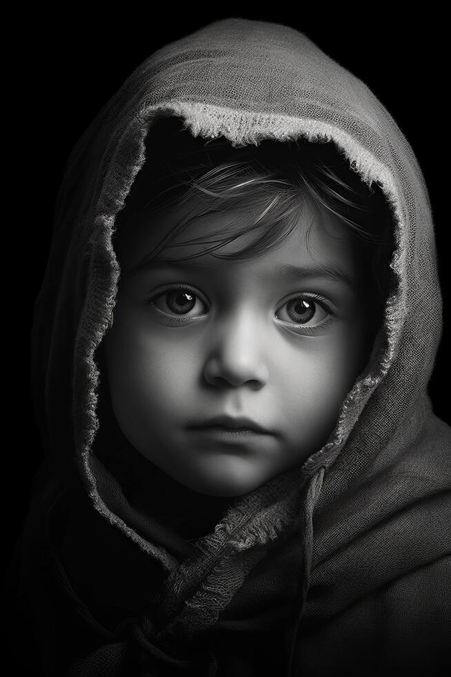 Pensive child in a hooded cloak photo