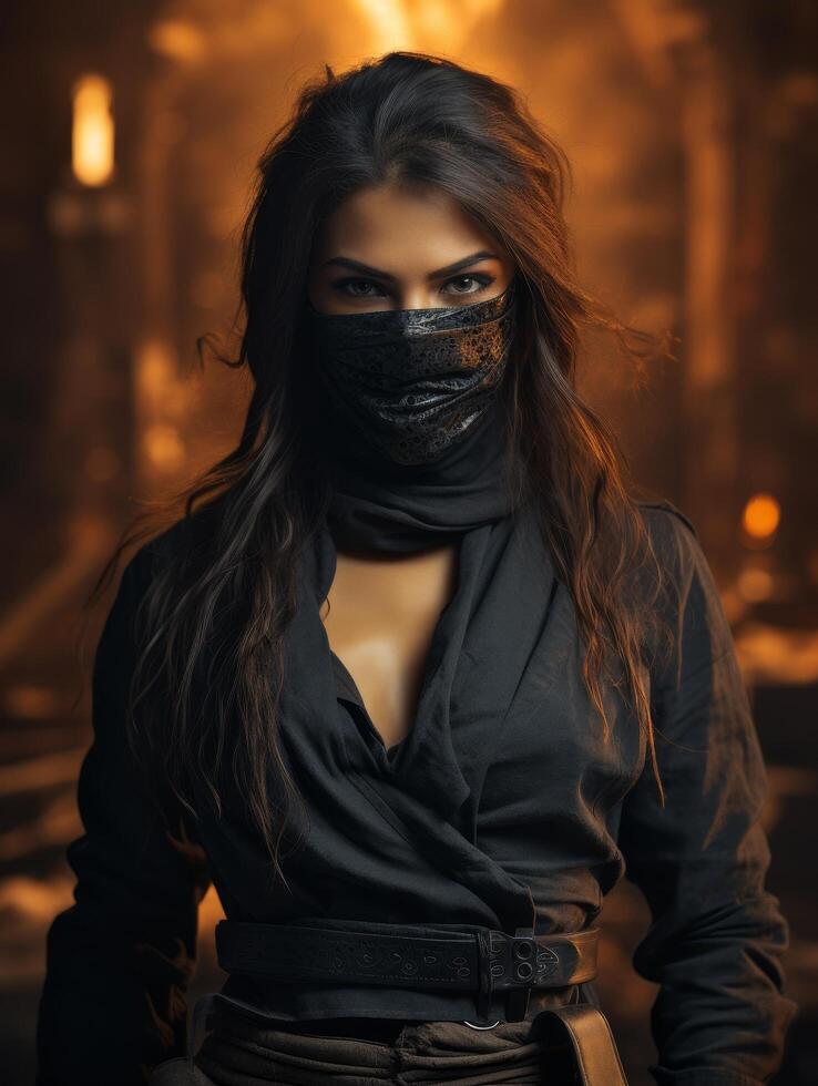mysterious woman in black outfit and mask photo