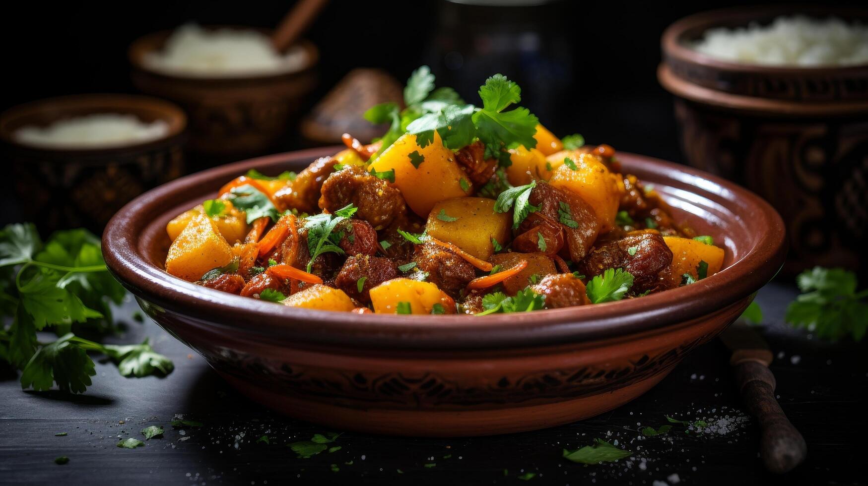 Hearty beef and potato stew in a rustic bowl photo
