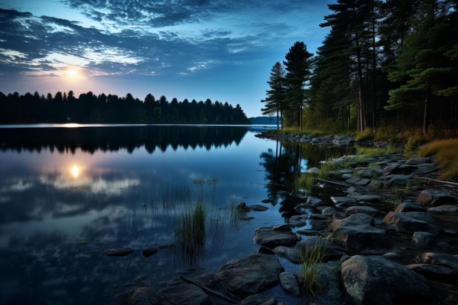 Serene lake landscape at sunset photo