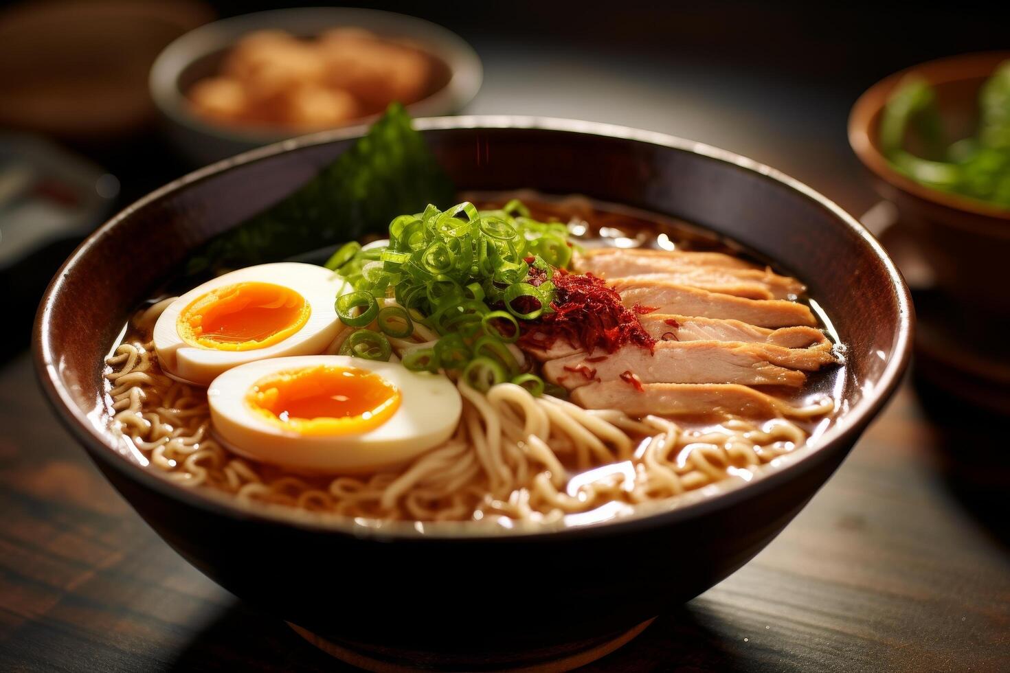 Delicious Japanese ramen noodle soup with soft boiled eggs and pork photo