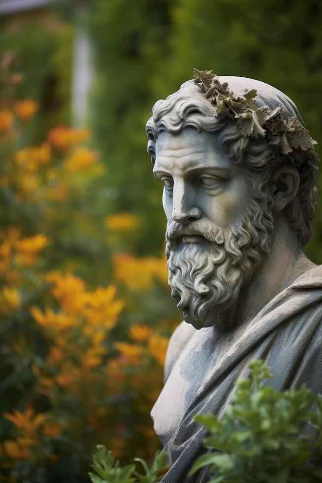 Weathered stone statue of a bearded man in a garden photo