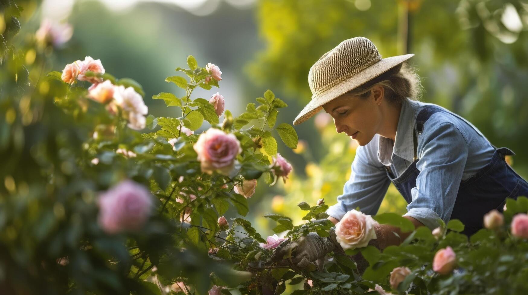 Person gardening in a rose garden photo