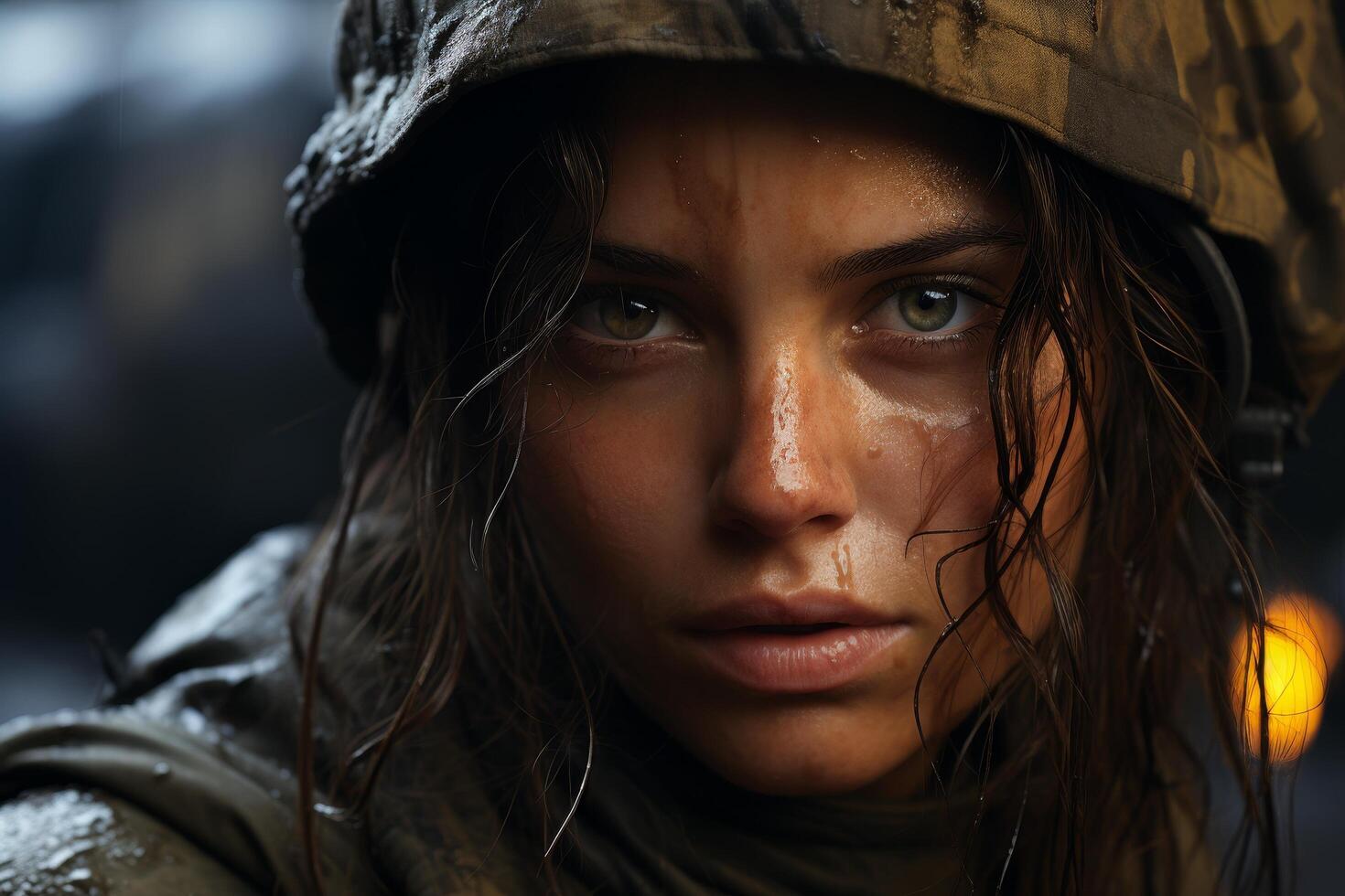 Intense gaze of a determined soldier in the field photo