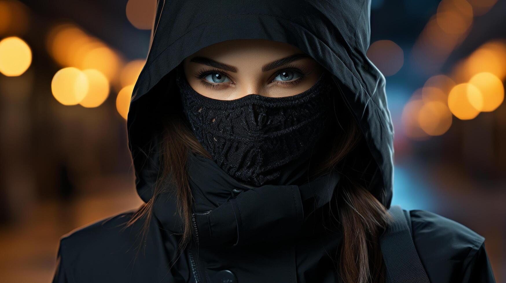 mysterious woman in black hooded jacket photo