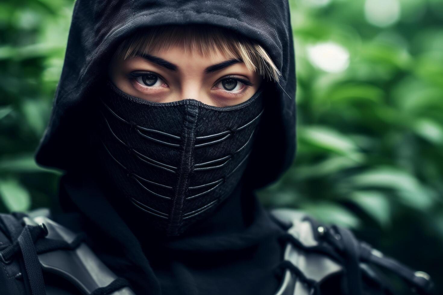 mysterious person in black mask and hood photo
