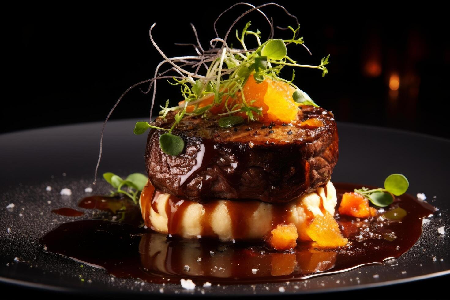 Gourmet steak dish with orange slices and microgreens photo