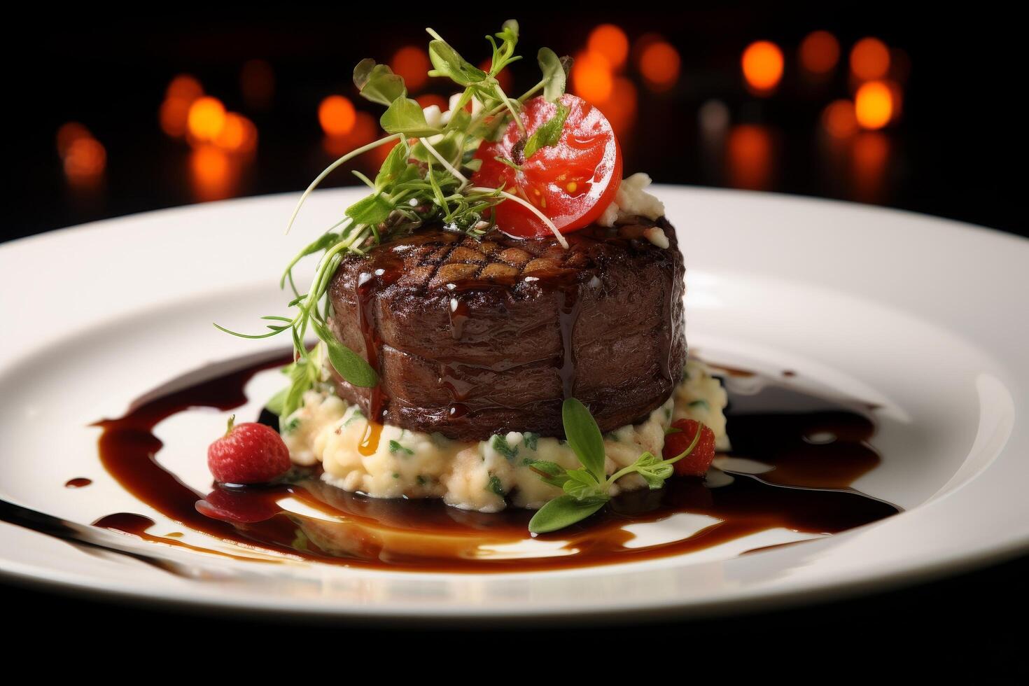 Delicious grilled steak with risotto and garnishes photo