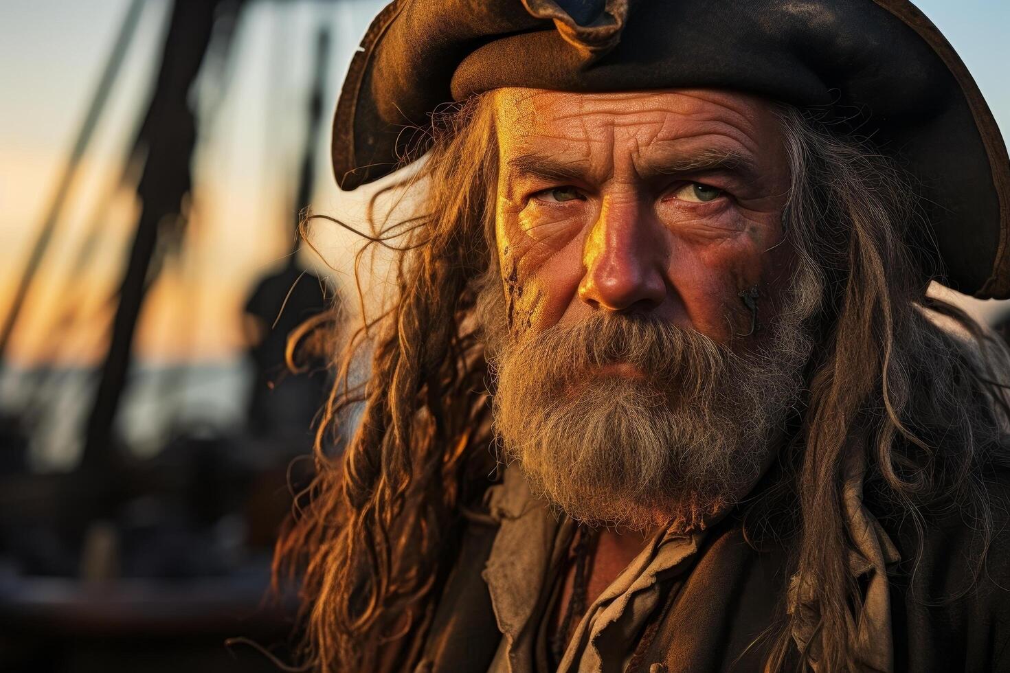 Rugged and weathered face of an older man with a long beard photo