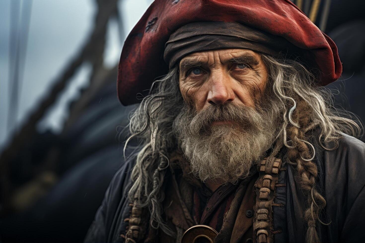 Weathered old man with long beard and red hat photo