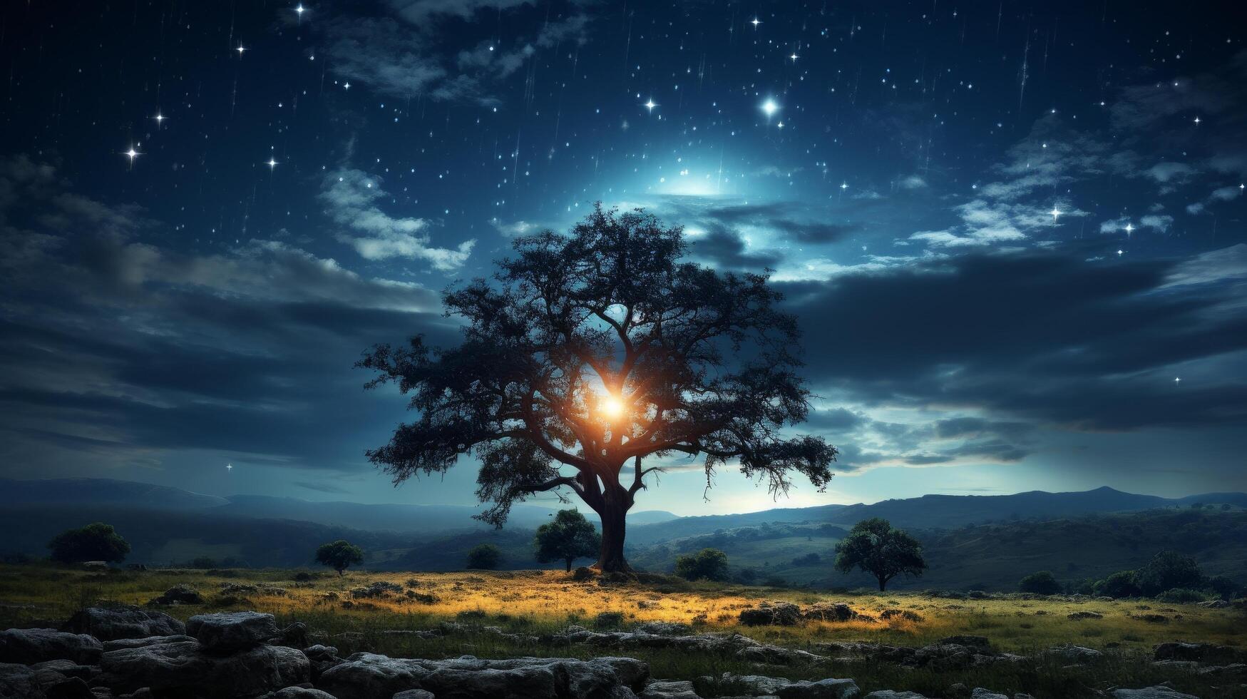 Magical night sky with glowing tree photo