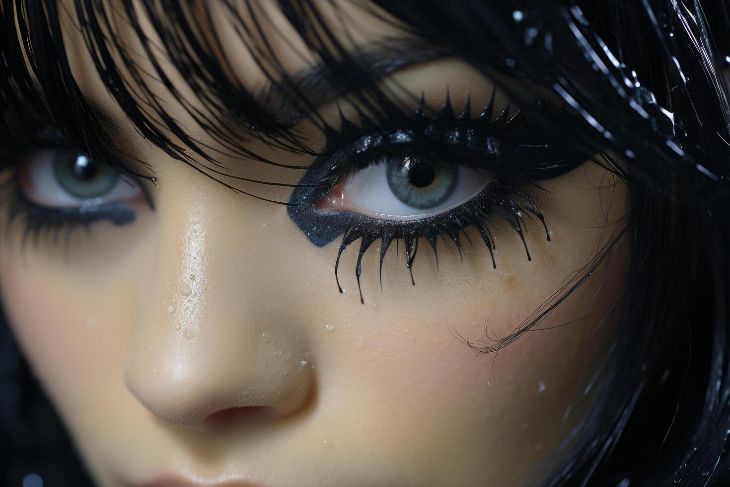 Dramatic close up of a womans eye with heavy makeup and tears photo
