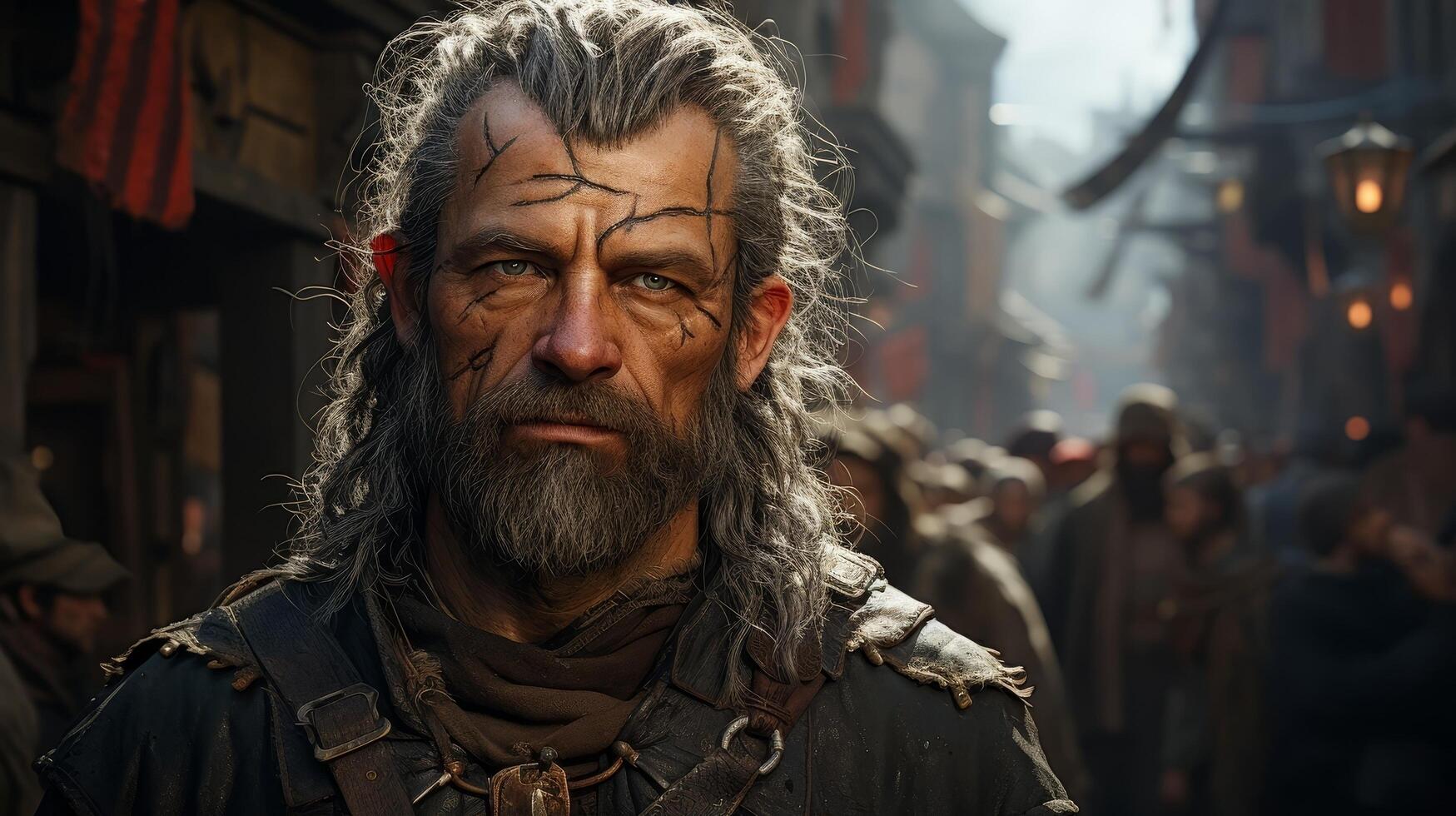 Rugged warrior with weathered face and long beard photo