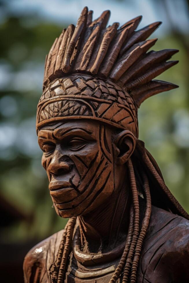 Detailed wooden tribal sculpture with intricate patterns and feathered headdress photo