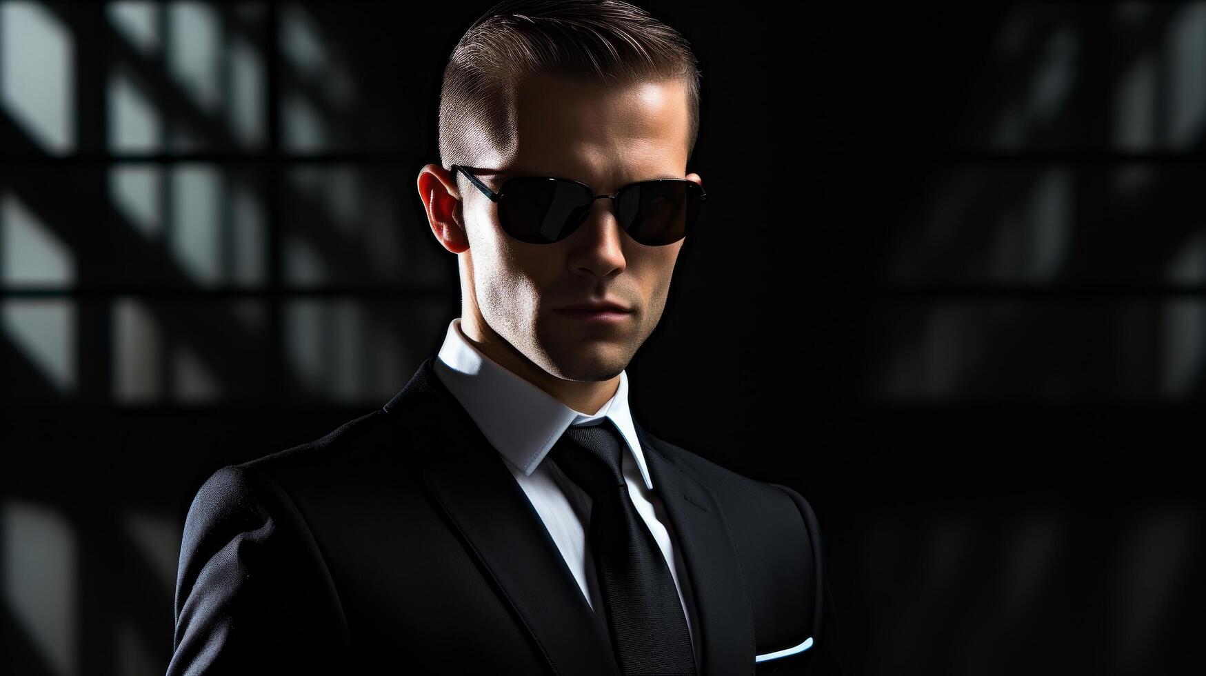 Mysterious businessman in dark suit and sunglasses photo
