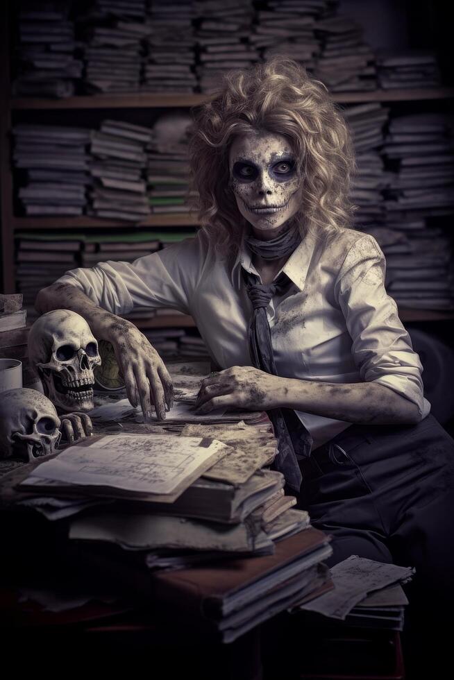 creepy skull faced figure in business attire sitting at a cluttered desk photo