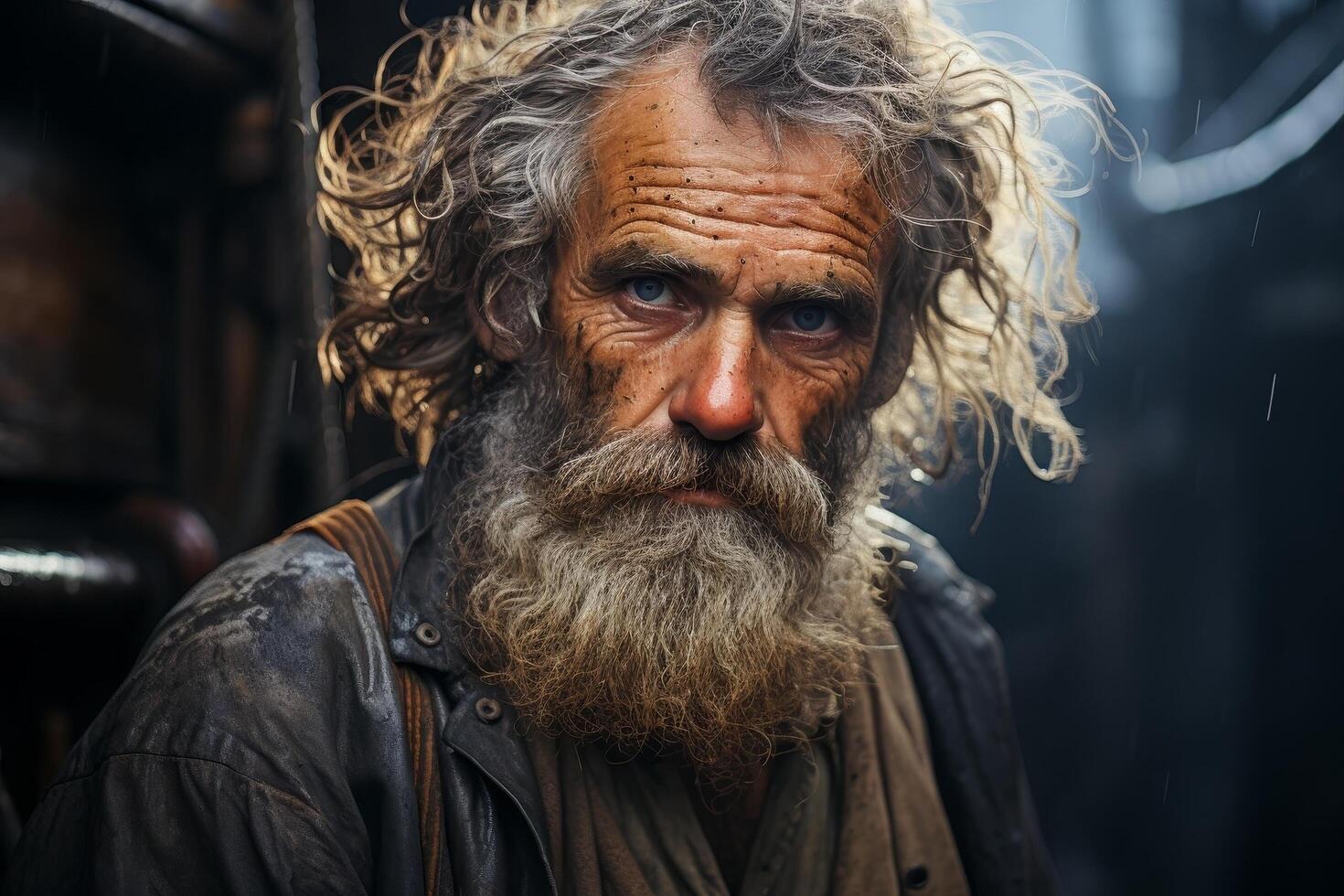 Weathered face of an older man with a long beard and curly hair photo