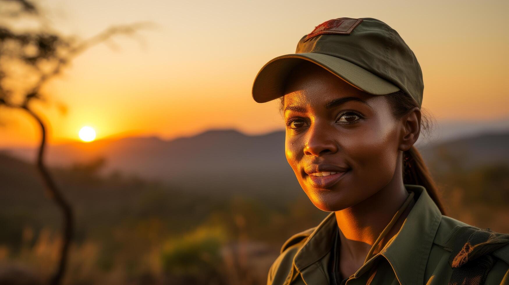 Portrait of a woman in safari gear at sunset photo